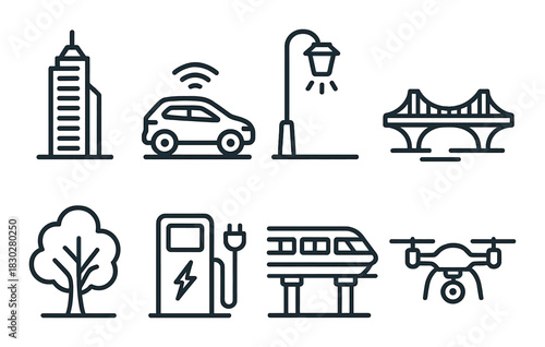 Smart city icons featuring transportation, energy, and infrastructure elements