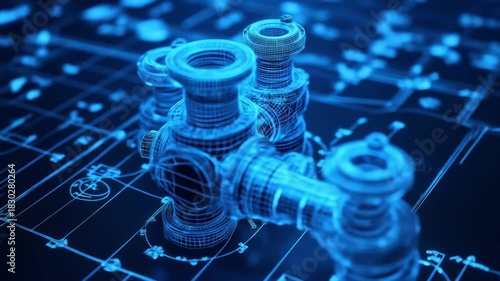 Blueprint of a valve system with outlined cylindrical forms