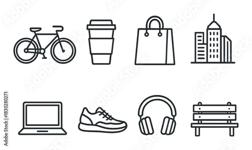 Monochrome icon set: bicycle, coffee cup, shopping bag, city, laptop, sneaker, headphones, bench