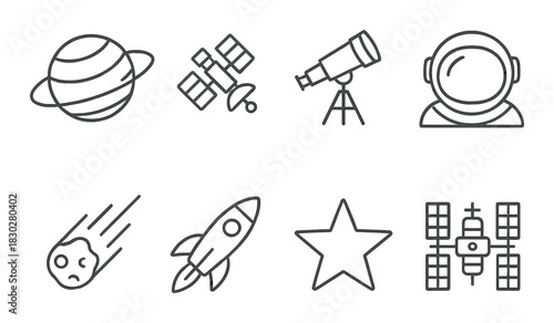 Set of space icons: planets, telescope, spacesuit, rocket, satellite, meteor, star