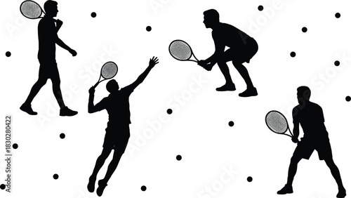 Silhouettes of male tennis players in action, serving and rallying with rackets and balls, illustrating sport, fitness, and dynamic competition on a clean white background.