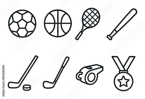 Sports icon set: soccer, basketball, tennis, baseball, hockey, whistle, medal