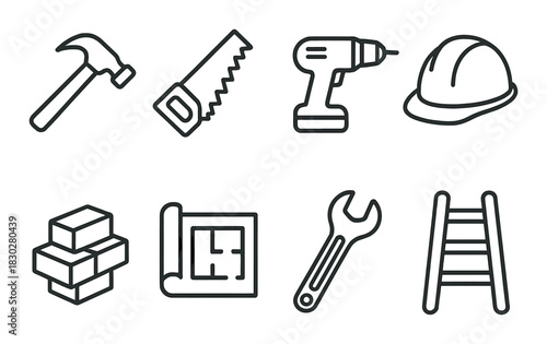 Construction tools icons on brown background: hammer, saw, drill, helmet, brick, blueprint