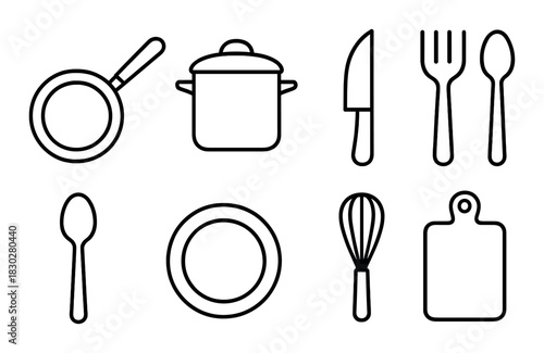 Outline icons of kitchenware including pot, pan, and utensils on dark background