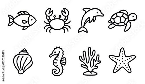 Outline icons of marine animals: fish, crab, dolphin, turtle, shell, seahorse, coral, starfish