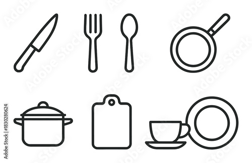 Kitchen utensils silhouette set on dark background