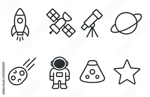 Space exploration icons: rocket, satellite, telescope, planet, meteor, astronaut, capsule, star