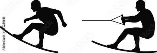 Silhouettes of male wakeboarders and waterskiers in dynamic action, jumping and riding the waves, illustrating extreme water sport, fitness, and summer fun.