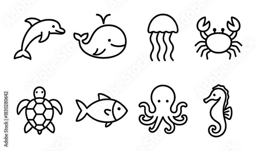 Simple marine life illustrations: dolphin, whale, jellyfish, crab, turtle, fish, octopus, seahorse