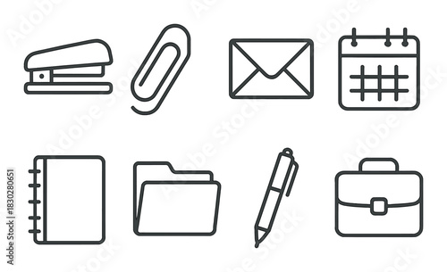 Office supplies icons: stapler, paperclip, envelope, calendar, notebook, folder, pen, briefcase