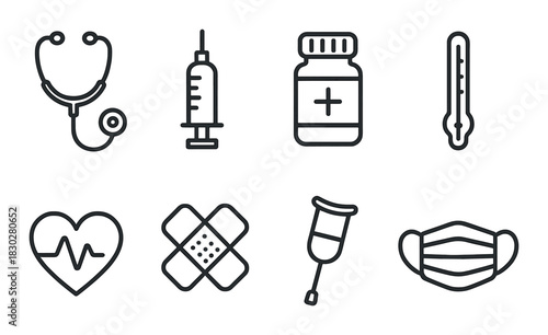 Medical equipment icons: stethoscope, syringe, medicine bottle, thermometer, heart, bandage, iv, mask