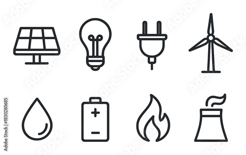 Renewable and non-renewable energy icons on black background