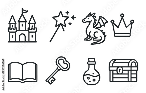 Fantasy icons: castle, wand, dragon, crown, book, key, potion, chest