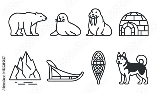 Arctic outline icons: polar bear, seals, walrus, igloo, mountain, sled, snowshoe, dog