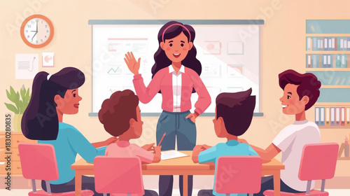 Students gather together to study and the teacher stands while explaining 
