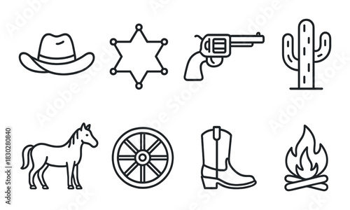 Wild west icons: cowboy hat, sheriff badge, revolver, cactus, horse, wagon wheel, boot, campfire