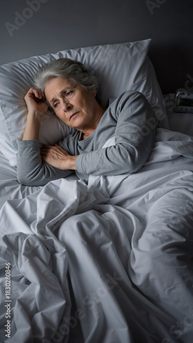 Sad caucasian senior woman with grey hair lying awake in bed at night. Sleep disorder, insomnia, stress, and anxiety in older age concept for healthcare.
