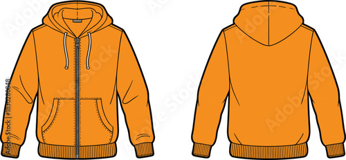 Orange zip-up hoodie front and back view, drawstring hood with kangaroo pocket and ribbed trim, flat vector fashion sketch for garment design or apparel catalog