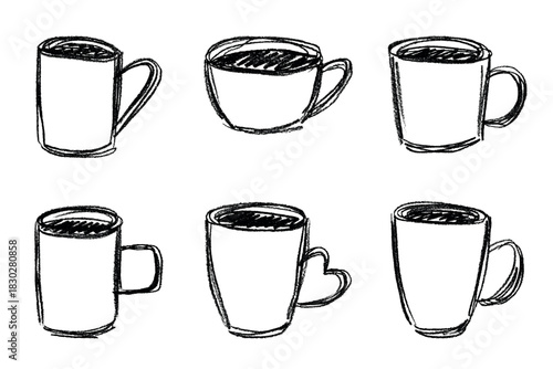 Set of cute hand drawn cup of tea or coffee Simple mug clipart Cozy home doodle Single element for design