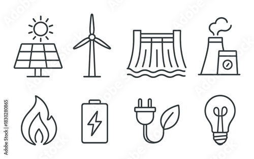 Icons of renewable and conventional energy sources in grayscale