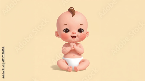 cute red-cheeked baby wearing white Pampers sitting and smiling cutely