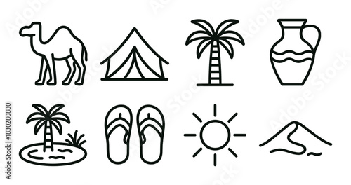 Desert adventure icons: camel, tent, palm, pottery, oasis, sandals, sun, dunes