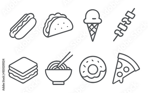Outline icons of various foods including hot dog, taco, ice cream, and pizza