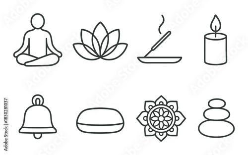 Minimalist icons of meditation and relaxation: candle, lotus, incense, rocks, bell