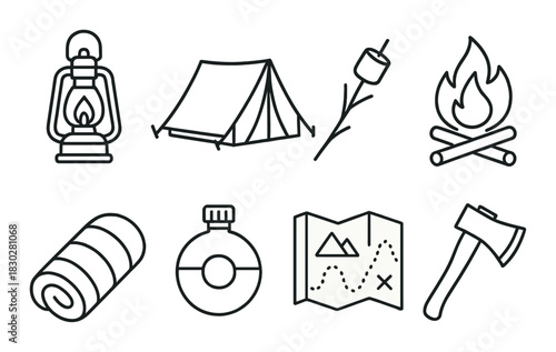 Camping essentials icons: lantern, tent, marshmallow, campfire, sleeping bag, flask, map, axe