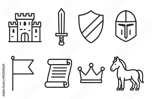 Medieval symbols: castle, sword, shield, helmet, flag, scroll, crown, horse on steel background