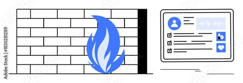 Firewall with blue flame blocking threats near device screen displaying health monitoring dashboard. Ideal for cybersecurity, data protection, healthcare IT, online privacy, personal data, network