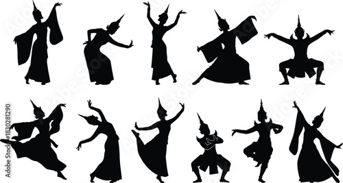 Silhouettes of traditional Southeast Asian dancers in elaborate costumes and headdresses, performing classical cultural dances, illustrating art and heritage.