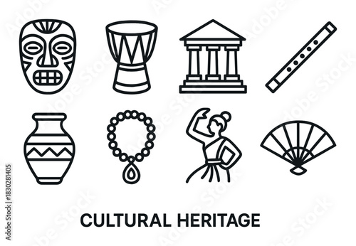 Cultural heritage symbols: mask, drum, temple, flute, vase, necklace, dance, fan