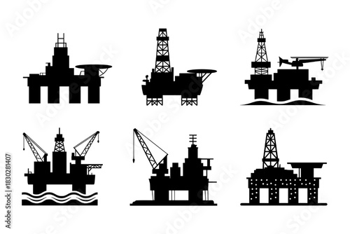 Industrial Offshore Oil and Gas Drilling Platform Silhouettes Set
