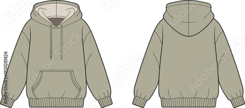 Light olive green hooded sweatshirt front and back view, drawstring kangaroo pocket flat vector fashion sketch for garment design or apparel catalog template