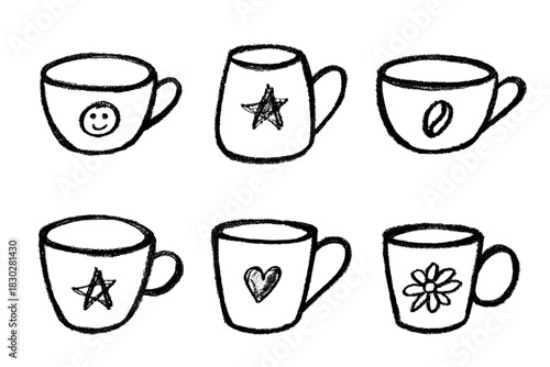 Set of cute hand drawn cup of tea or coffee Simple mug clipart Cozy home doodle Single element for design