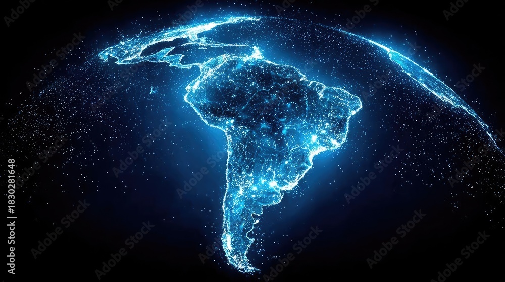 Obraz premium Earth at night showcasing lights of South America concept. Bright digital representation of South America with glowing details.