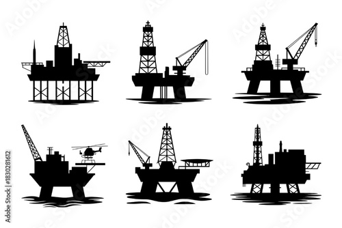 Set of Offshore Oil and Gas Drilling Rig Silhouette Vector Icons