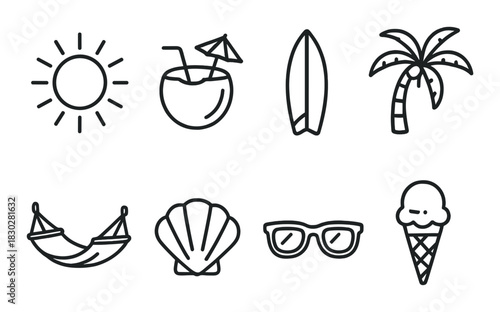 Summer icons: sun, drink, surfboard, palm, hammock, shell, sunglasses, ice cream