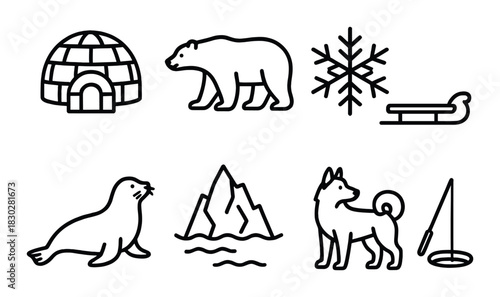 Winter icons: igloo, polar bear, snowflake, sled, seal, mountains, dog, fishing hole