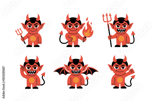 Cute Cartoon Red Little Devil Imp Character Mascot Vector Set
