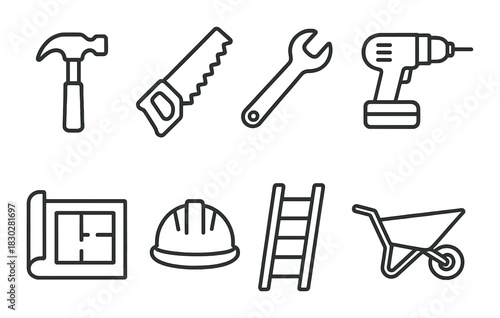 Construction tool icons featuring hammer saw wrench drill blueprint helmet ladder