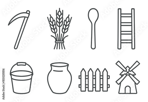 Vintage farming tools silhouette set: scythe, wheat, spoon, ladder, bucket, jar, fence, windmill