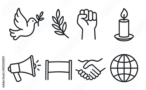 Symbolic icons for peace and unity: dove, fist, candle, megaphone, globe, handshake, branch