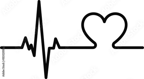 Black line art drawing of a heart rate monitor ekg line transforming into a simple heart shape, isolated on white background