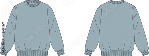 Light blue crewneck sweatshirt front and back view, ribbed neckline cuffs hem, flat vector fashion sketch for apparel design or garment catalog template