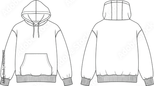 Hooded sweatshirt front and back flat sketch, kangaroo pocket drawstring hood ribbed cuff hem detail, cad drawing flat vector illustration fashion template