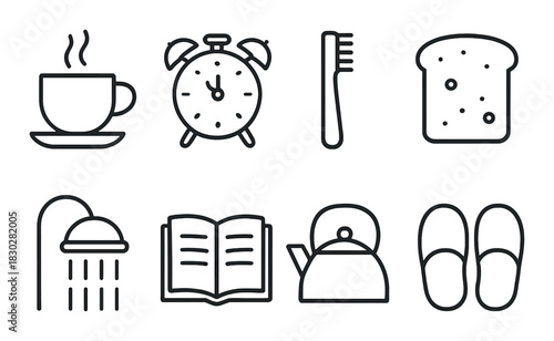 Monochrome icons representing daily routine: coffee, alarm, toothbrush, and more