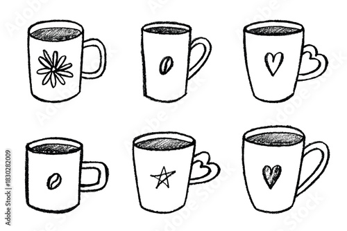 Set of cute hand drawn cup of tea or coffee Simple mug clipart Cozy home doodle Single element for design