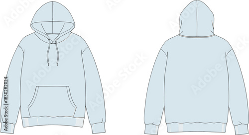 Hooded sweatshirt front and back flat sketch, kangaroo pocket drawstring hood ribbed cuff hem seam detail, cad drawing flat vector illustration template